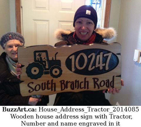 Wooden house address sign with Tractor, Number and name engraved in it